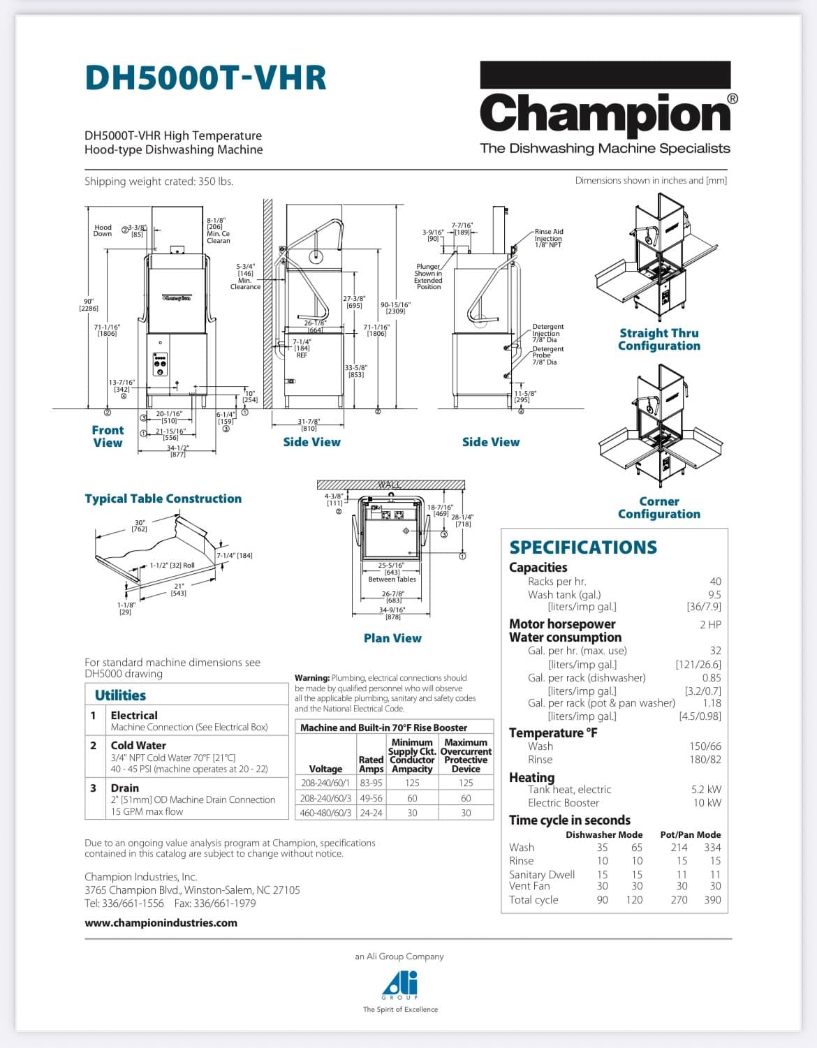 CHAMPION MODEL DH500T COMMERCIAL  HIGH TEMP VENTLESS DISHWASHER - 280/240V,3PH 5