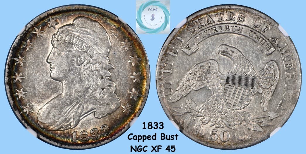 1833 Capped Bust Half Dollar NGC XF45 - Rainbow Edges!!! 4