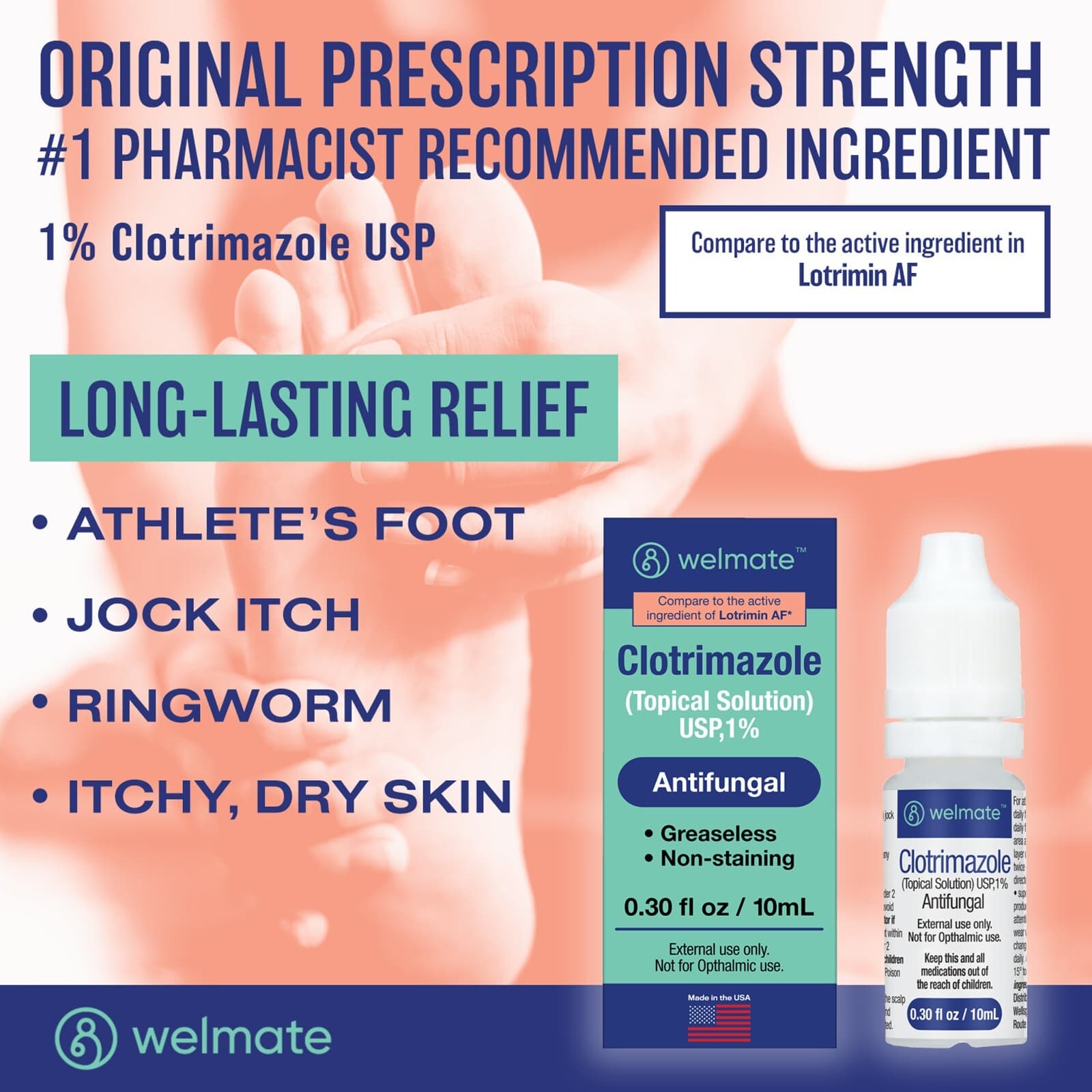 WELMATE Clotrimazole 1% Antifungal Solution | Itch Relief | 0.33 fl oz Exp 3/27 2