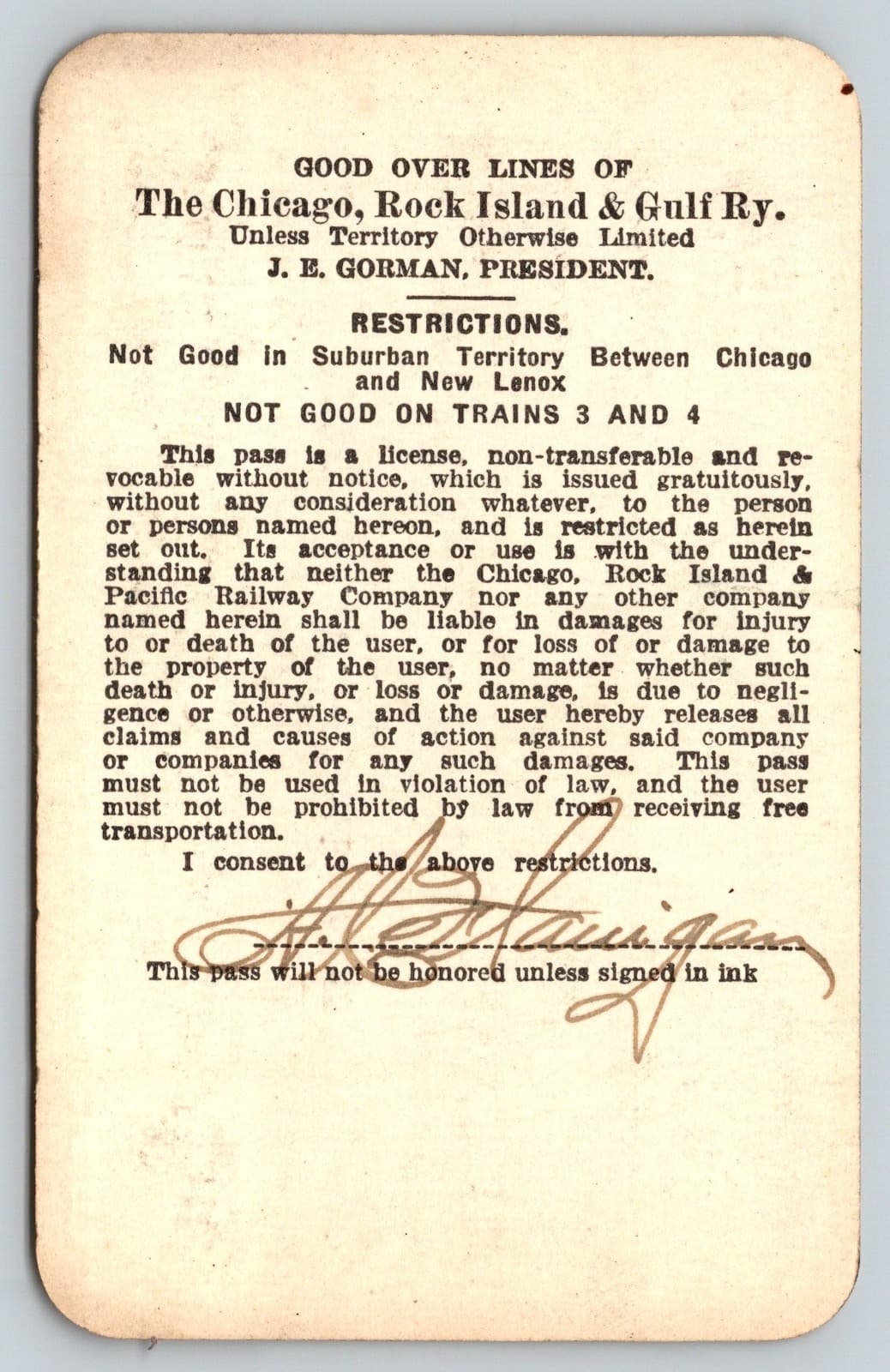 1926 Chicago Rock Island & Pacific Railway Employee "Flanigan" Railroad Pass 2