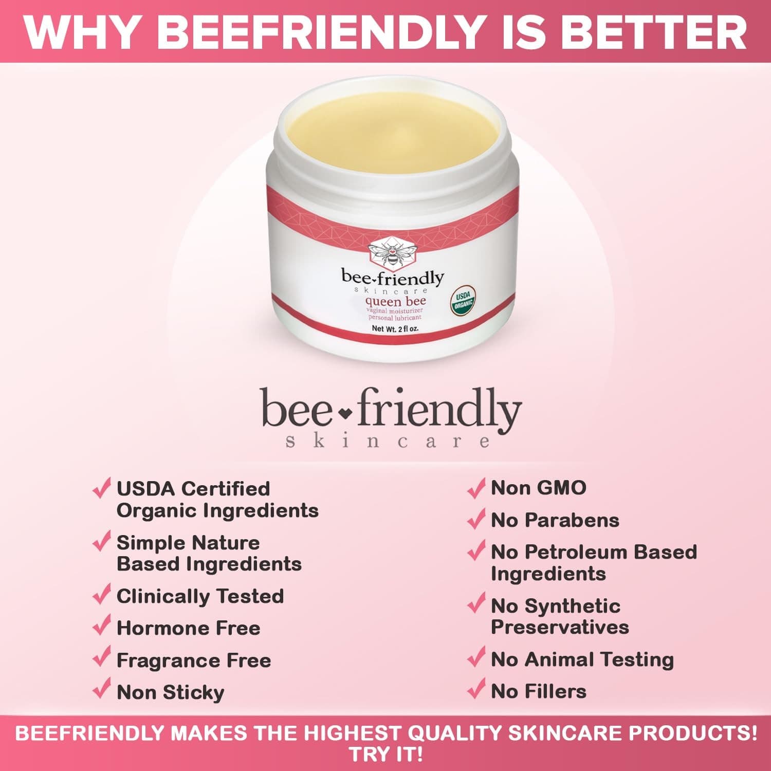 BeeFriendly Organic Vaginal Moisturizer 2oz USDA Certified Natural Cream 6