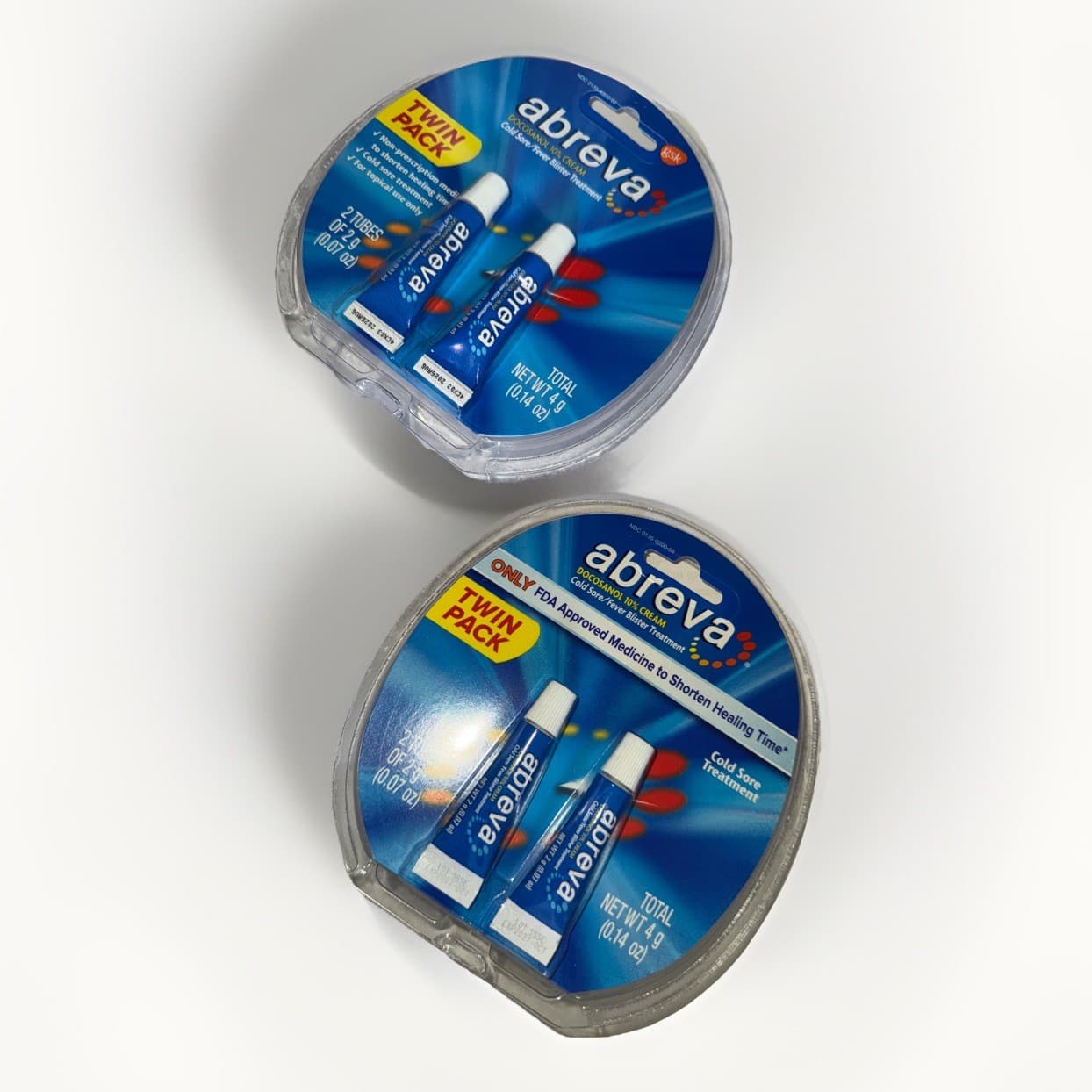 2 TWIN PACKS Abreva Docosanol 10% Cream 2g .07oz Tubes Cold Sore Treatment 08/26