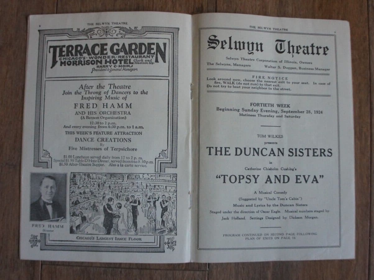 Antique 1924 THE SELWYN THEATRE Program Duncan Sisters TOPSY AND EVA Chicago Ads 5