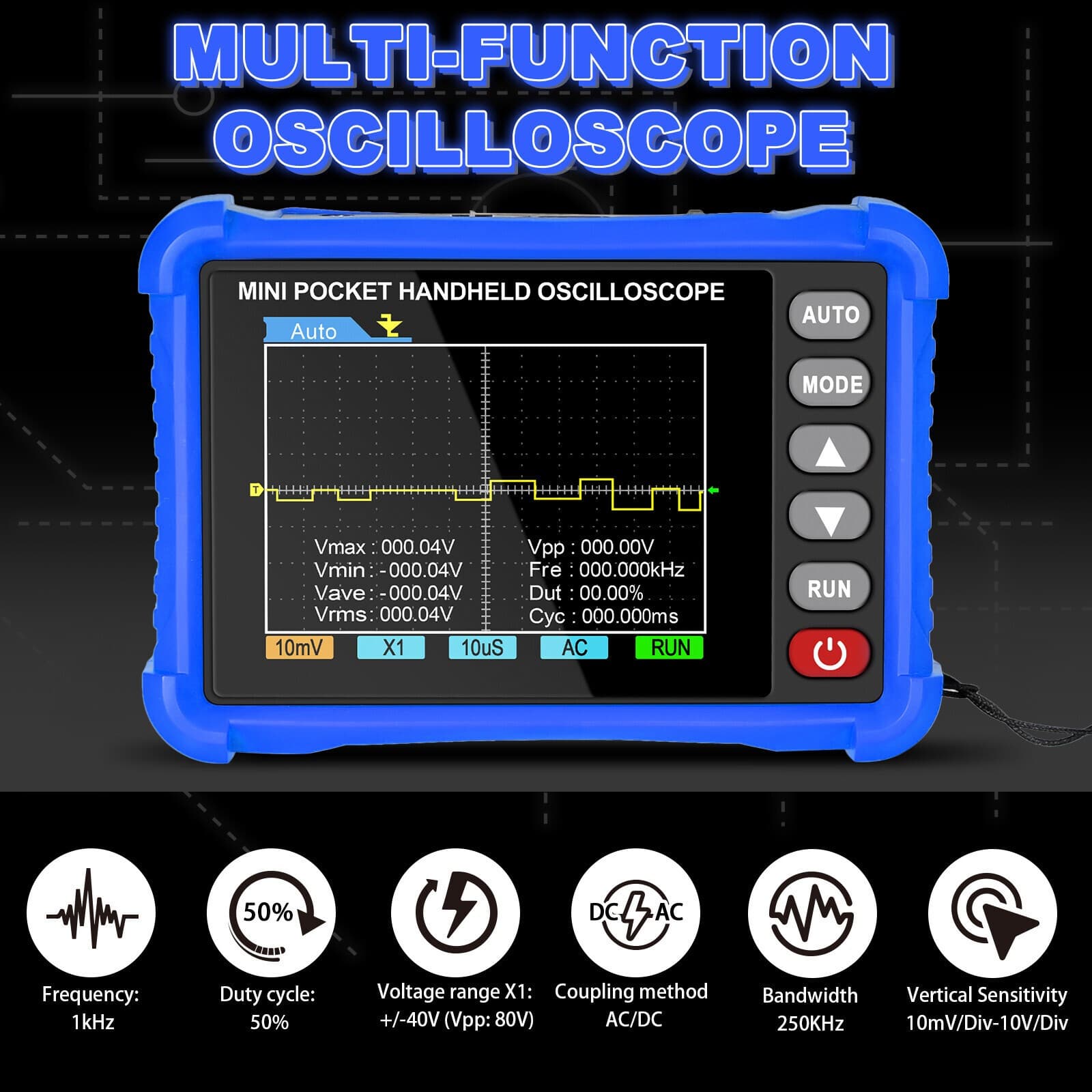 Handheld Digital Oscilloscope-USB 2.5MS/s 250KHz Portable Mini Oscilloscope US 6