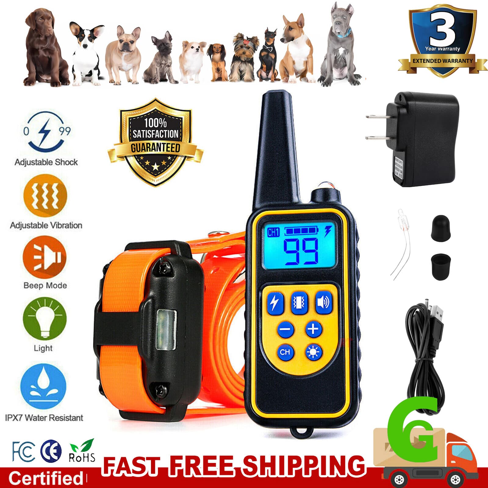 Dog Pet Training Collar Rechargeable Waterproof Electric Shock 3000 FT