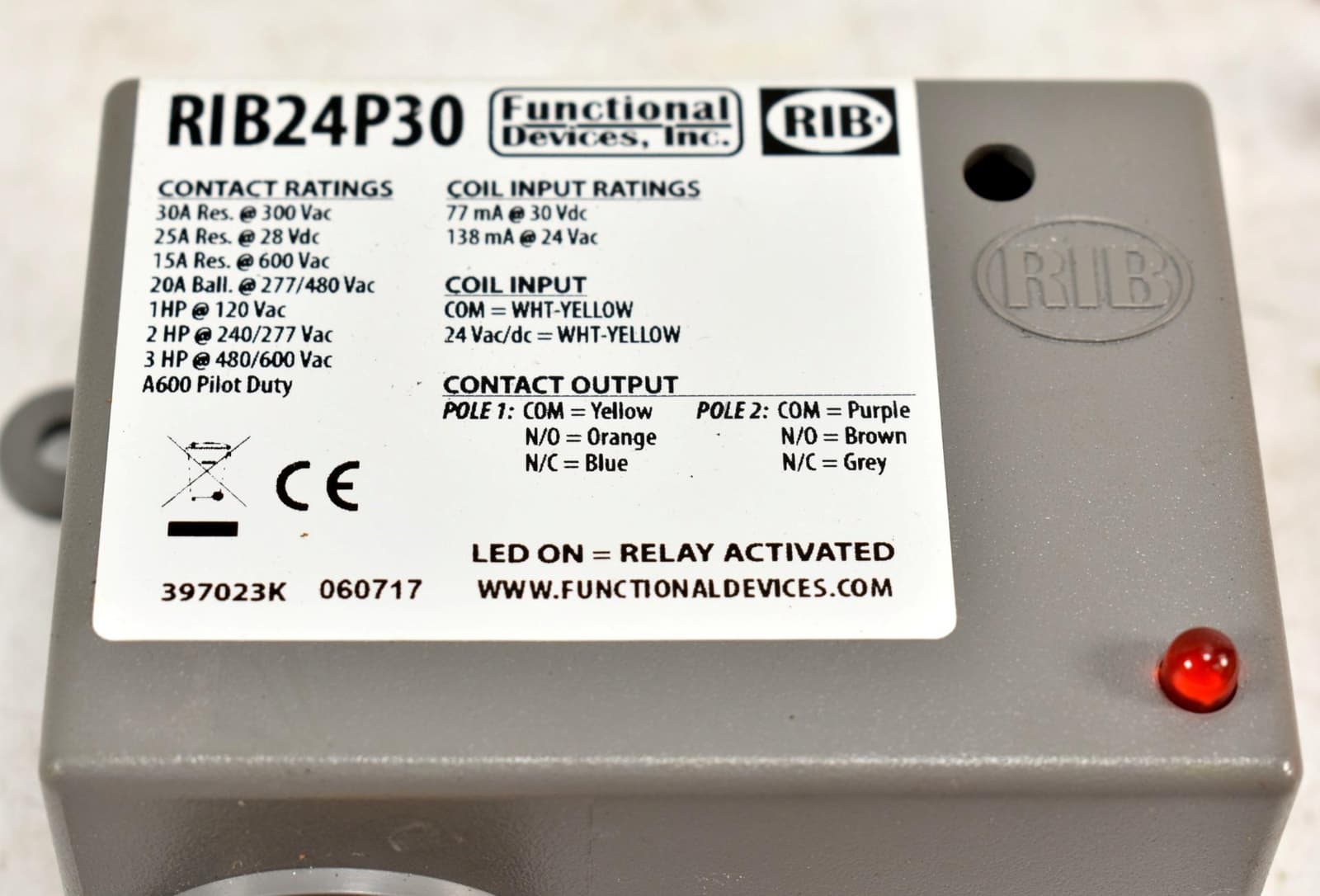 Functional Devices Inc.  RIB24P30 Prewired Relay,24VAC/DC,30A,DPDT 2