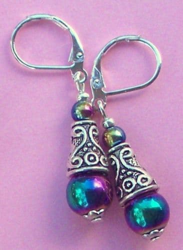 RAINBOW HEMATITE Bali cone earring SP LEVERBACK handcrafted XX 5