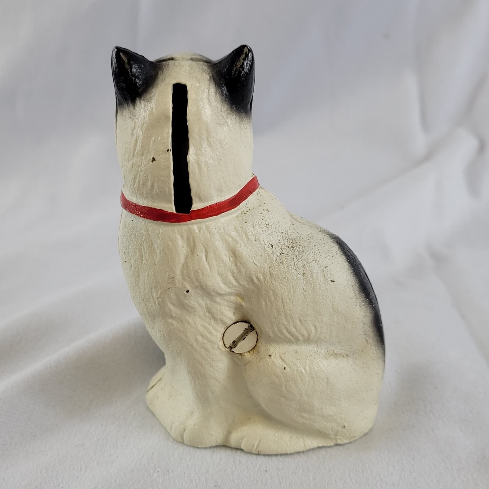 Vintage Cast Iron Cat Coin Bank with Red Bow – Black & White Kitty Figurine 3