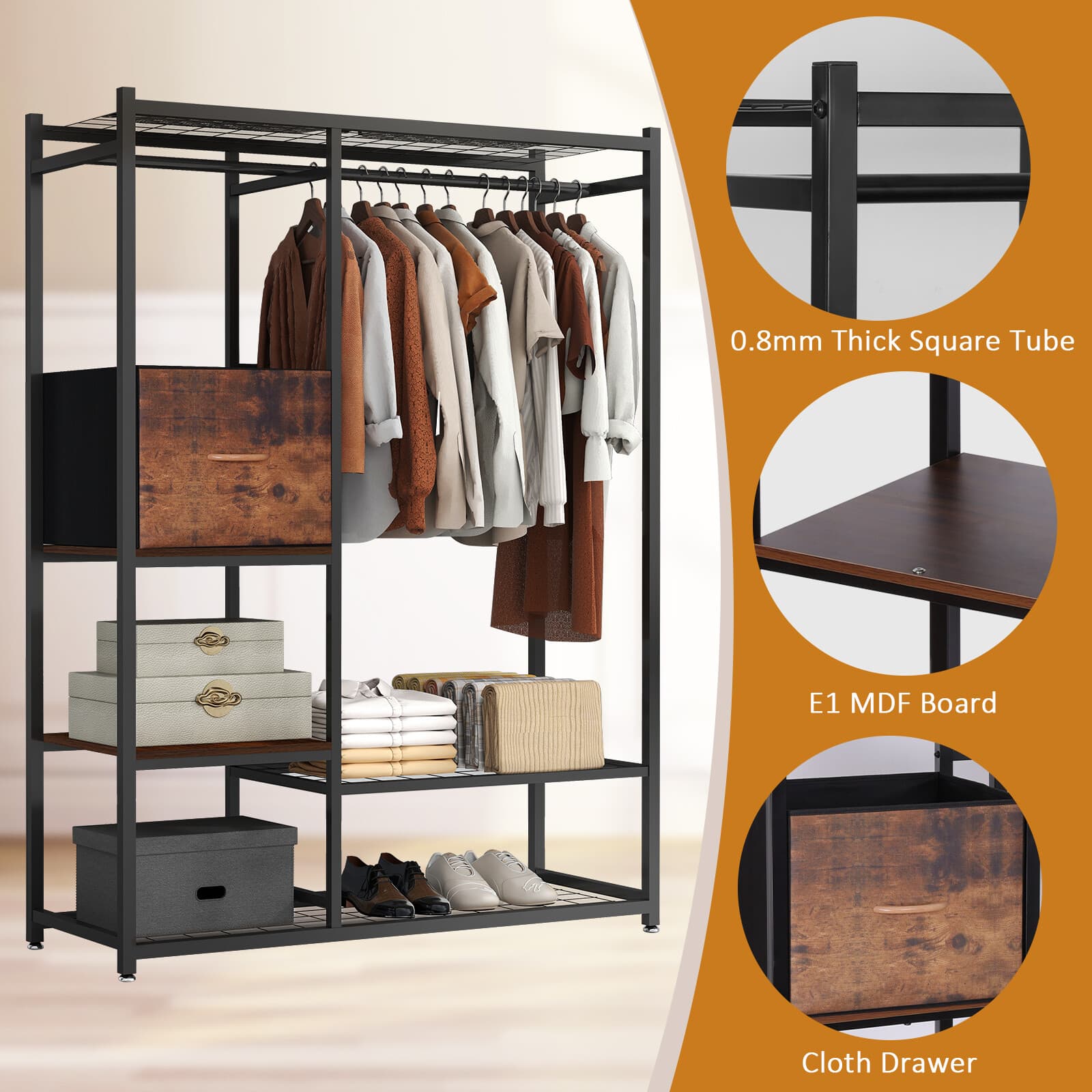 550LBS Iron Garment Rack w/ Hanging Rod Drawer Clothing Shelves Closet Organizer 3