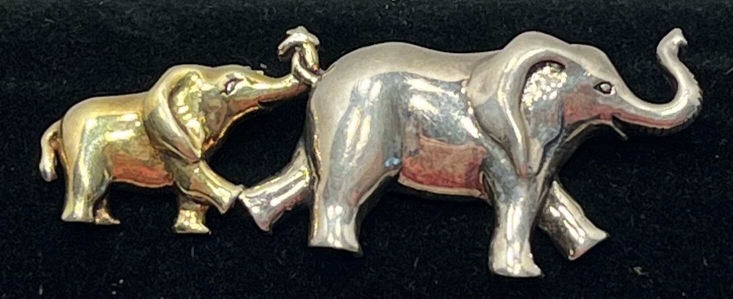 Sterling Elephant Mother & Baby Calf Brooch Lapel Pin 2-Tone Gold & Silver Color