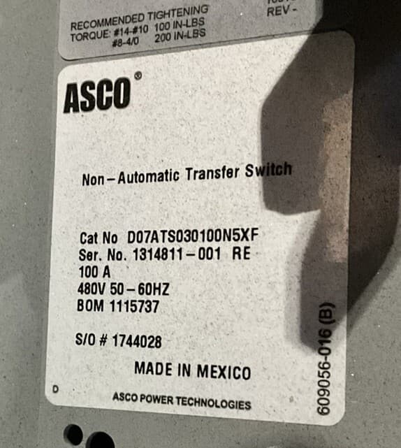 Asco 7000 Series 100 Amp 480V Power Transfer Switch Cat No. D07ATS030100N5XT 🟦 2