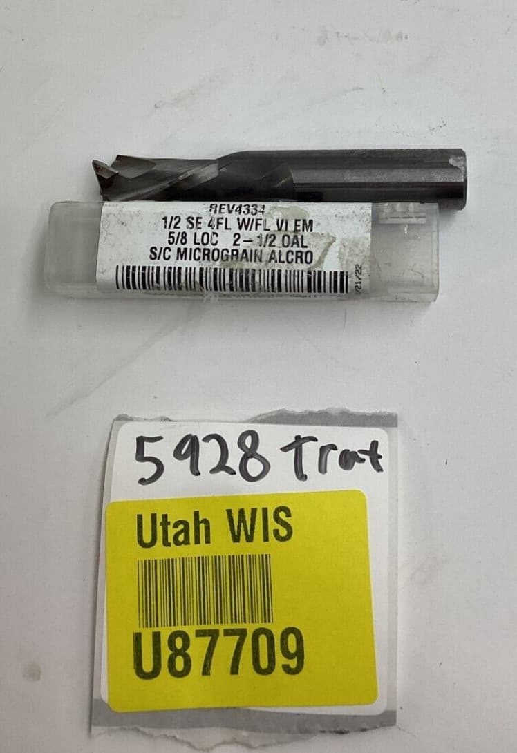 1/2 Single End 4 Flute Carbide Alcro Coating End Mill 5/8 LOC 2-1/2 OAL REV4334 4