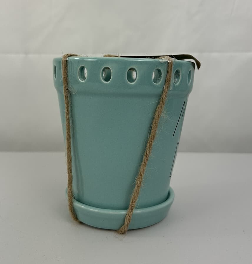 New Rae Dunn MOTHER EARTH Planter Succulent Pot w/Saucer Color Aqua 5 In Tall 4
