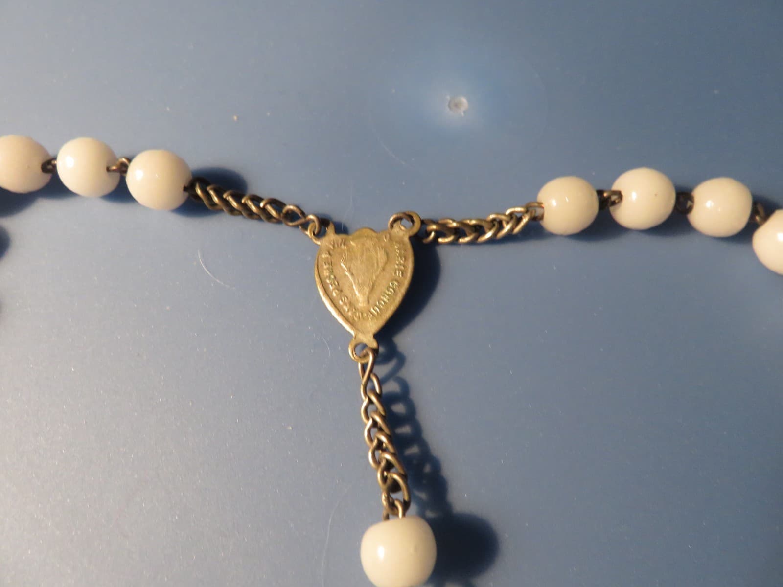 Old French Rosary White Glass Beads Virgin Mary Center Medal 4