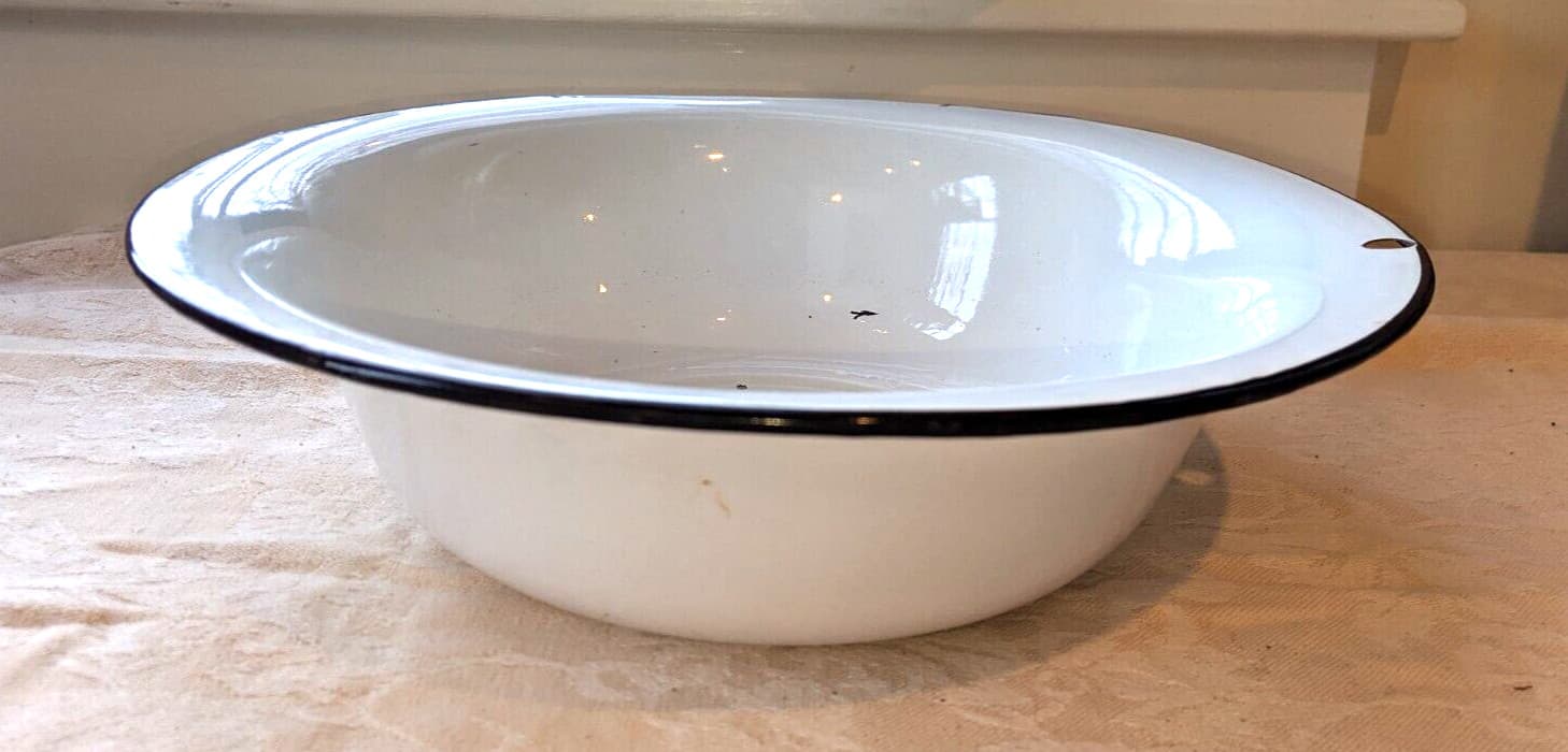 Vintage enamel metal Bowl 12" white black