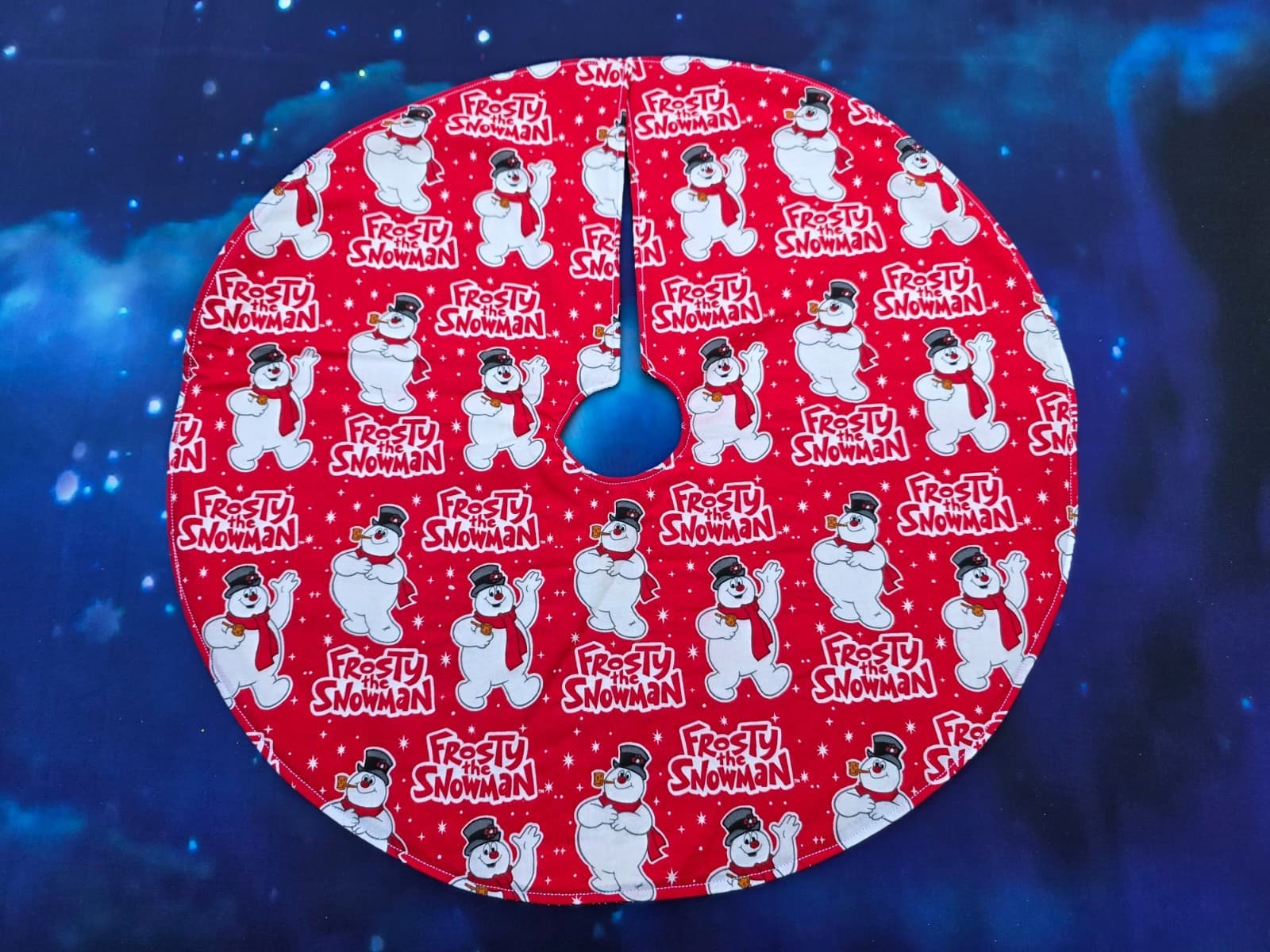 Handmade Mini 19" Christmas tree skirt  red snowflakes Frosty the Snowman 2