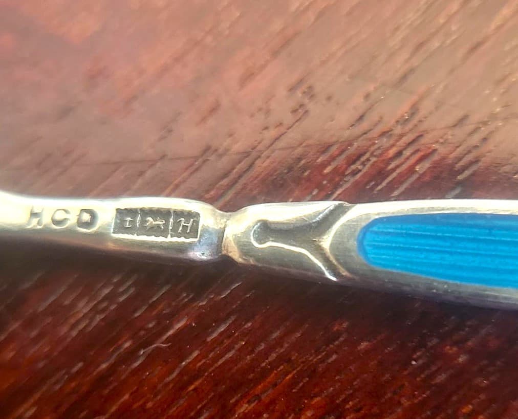 STUNNING Vtg Guilloche Enameled Sterling Silver Art Deco 6 Spoon Set BIRMINGHAM 5