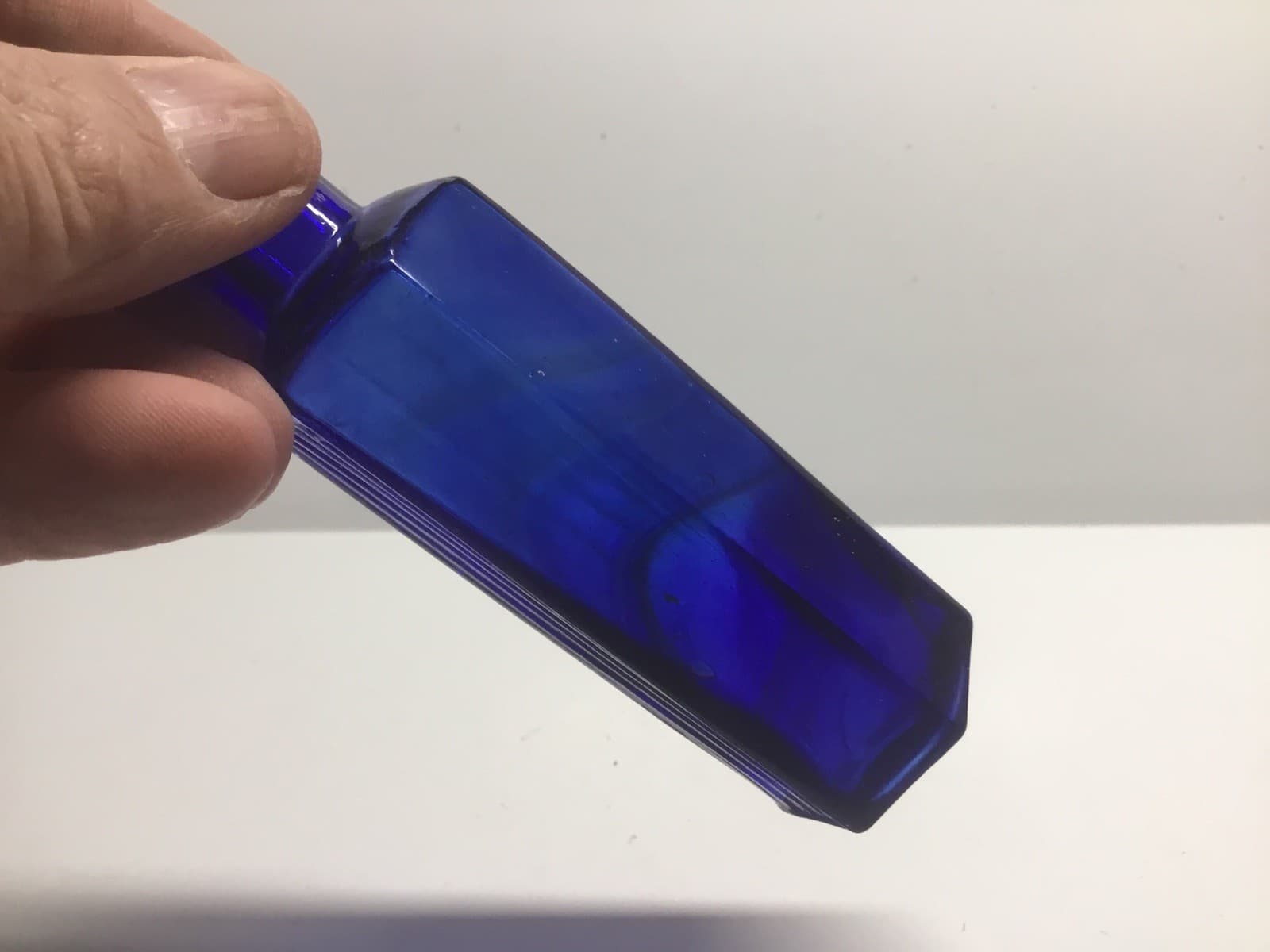 Antique 6 Sided Cobalt Blue Not To Be Taken Poison Bottle With Amber Swirls. 5