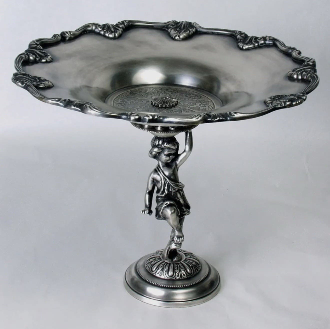 Vintage Silver Finish Cherub Compote – “Child with Tray” Pedestal Bowl