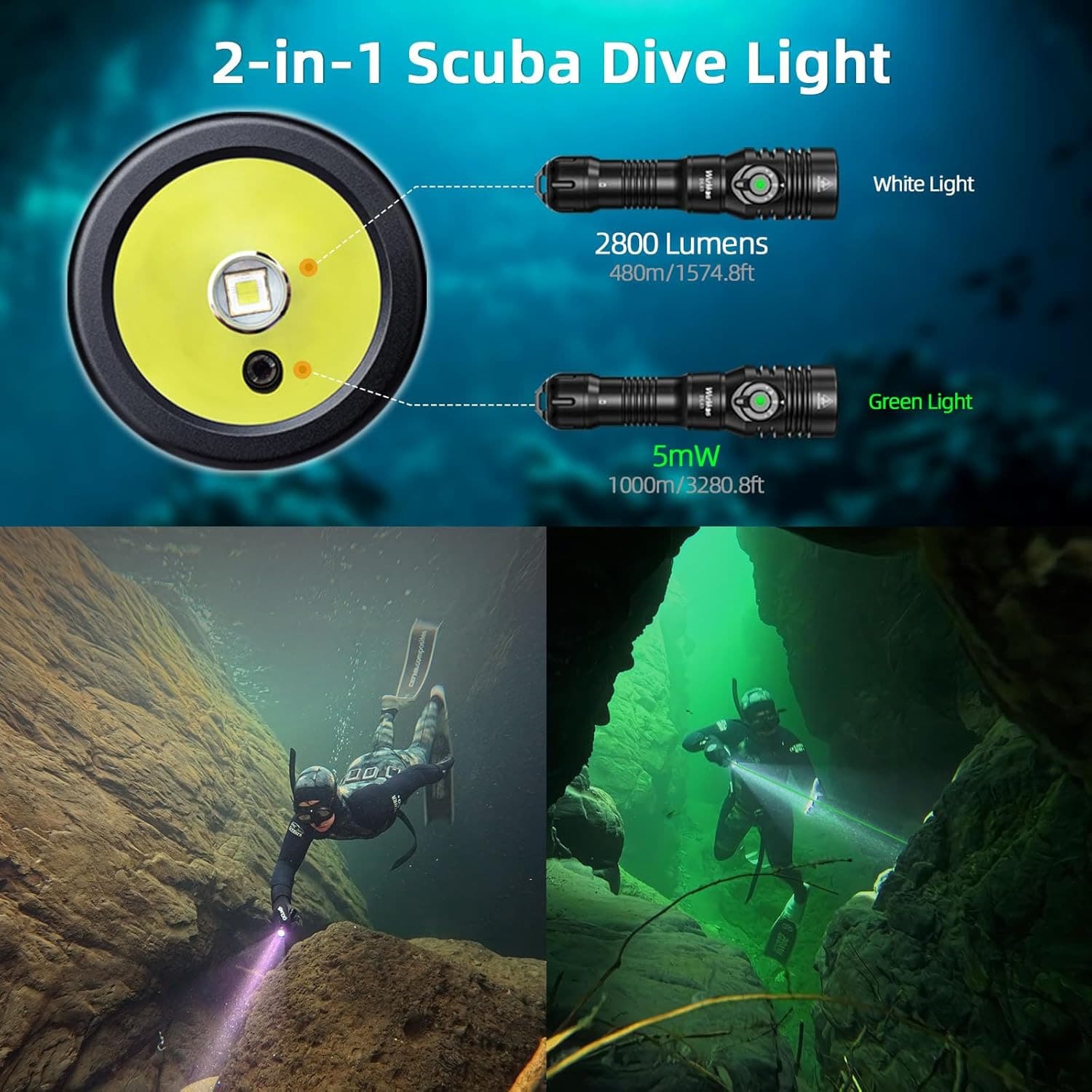 DL03 Dive Light, 2800 Lumens Scuba Diving Light, 1000M Green Beam and White Comb 2