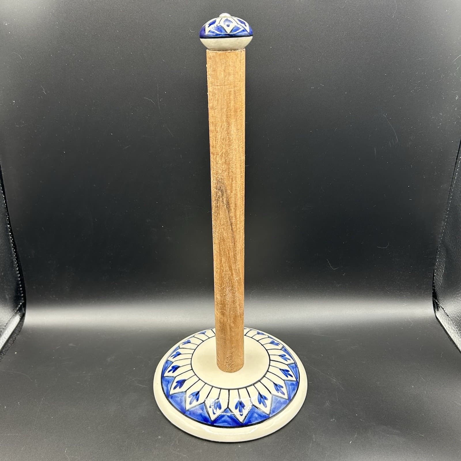 Blue & White Hand painted Ceramic and Wood Paper Towel Freestanding Holder 13"
