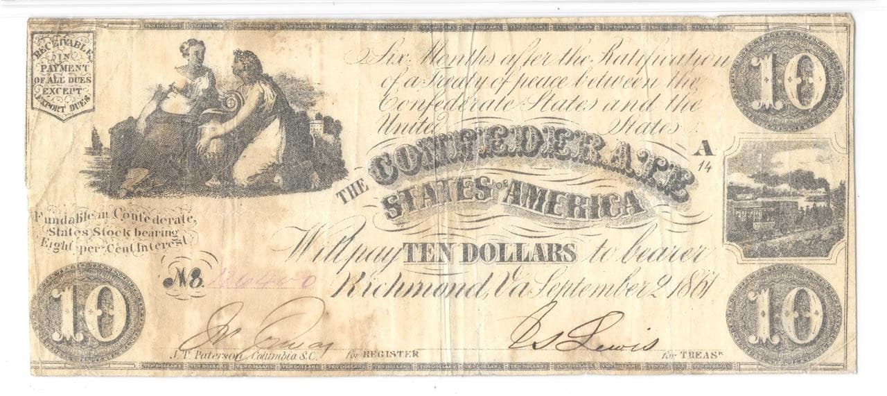 T-28 RARE Watermark Block CSA 1861 $10 Confederate PF-11 PMG VF20 Only 8-9 Known 2