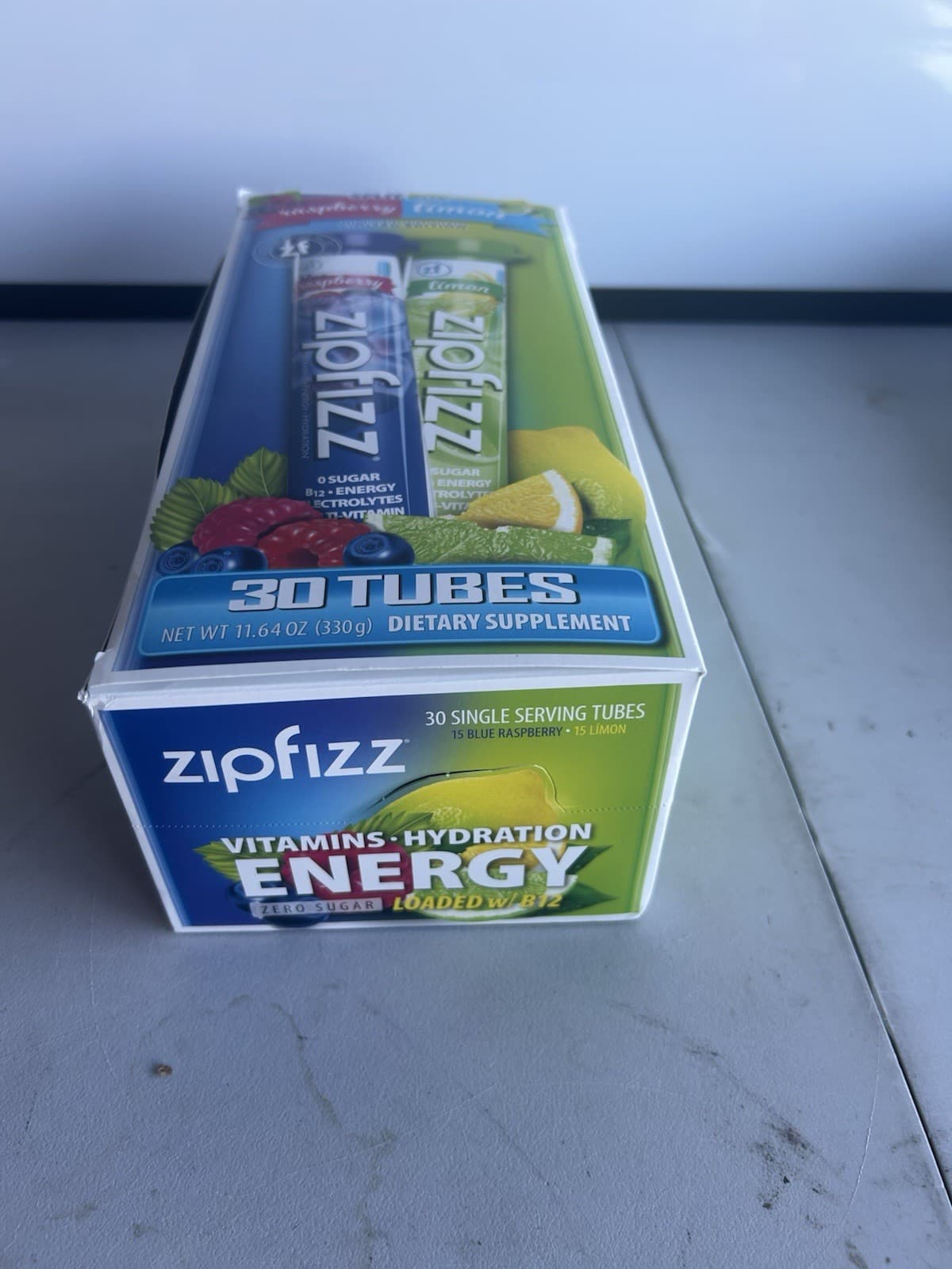 ZipFizz Energy Drink Mix 30 Tubes Split Box Límon & Blue Raspberry Exp: 12/26