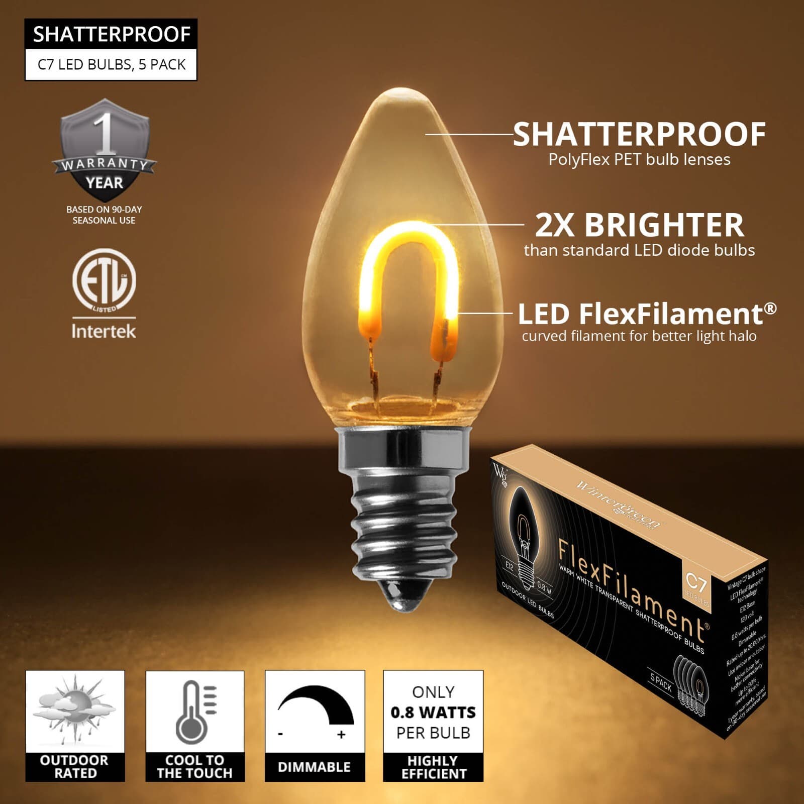 C7 Shatterproof LED Edison Filament Vintage Christmas Light Bulbs, 5 Pack 2