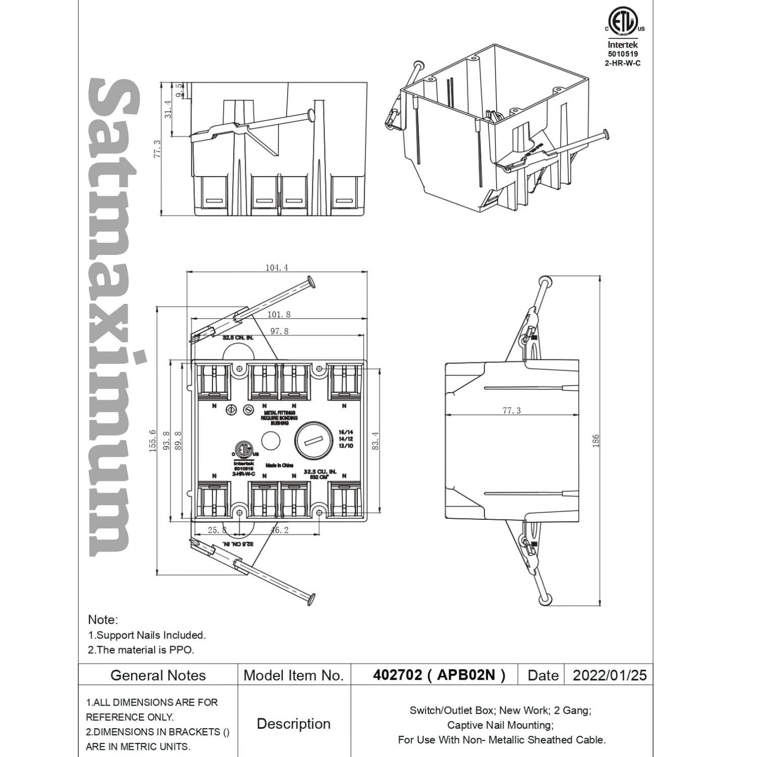 10-Pack 2-Gang New Work Electrical Outlet/Switch Box 32 Cu In ETL Double Gang 6
