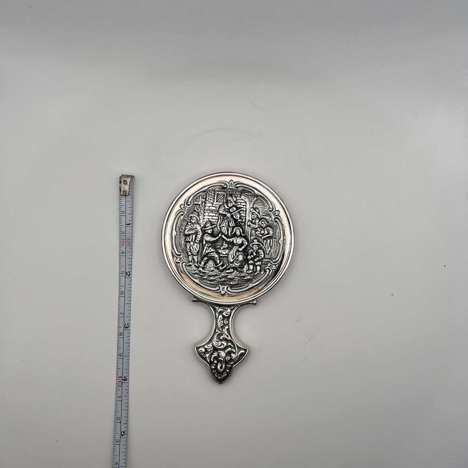 Antique Dutch Silver Hand Mirror With Repoussé Dancing Musicians Scene 5