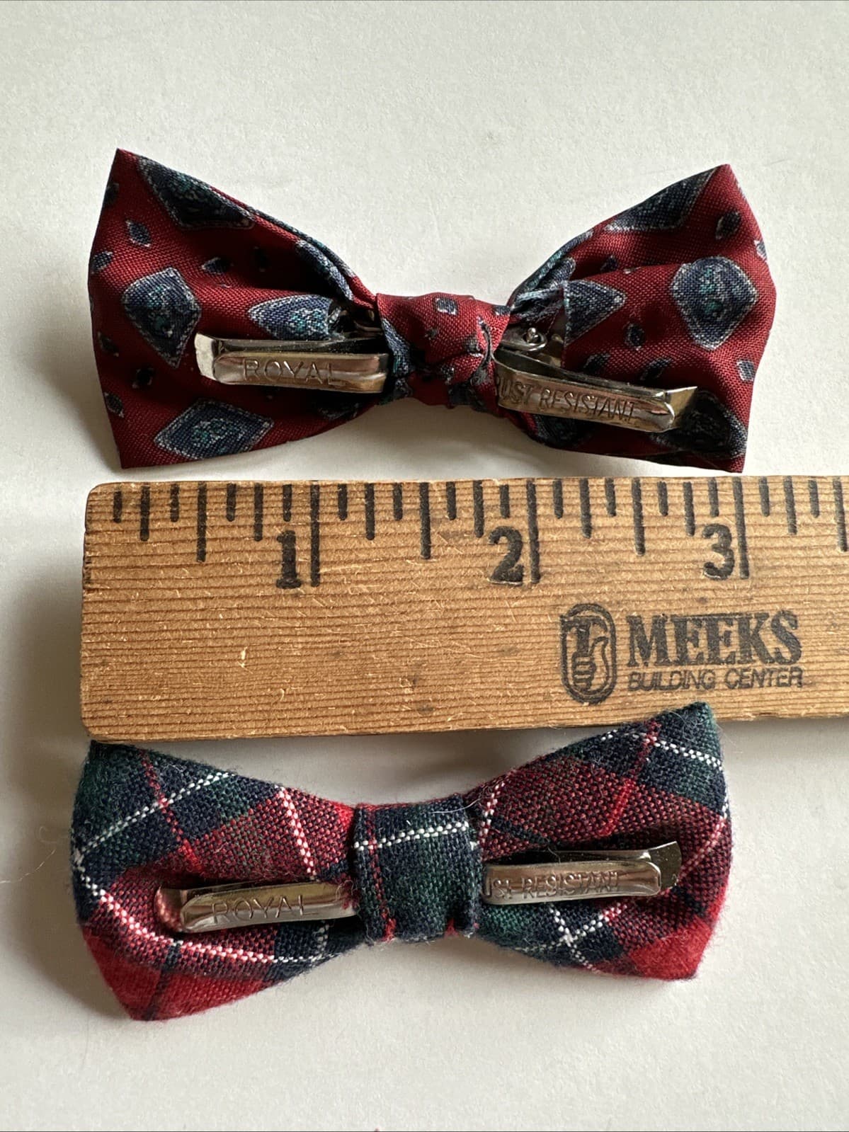 2 Vtg Kids Clip On Bow Tie Royal Rust Resistant Red Plaid Diamond 3