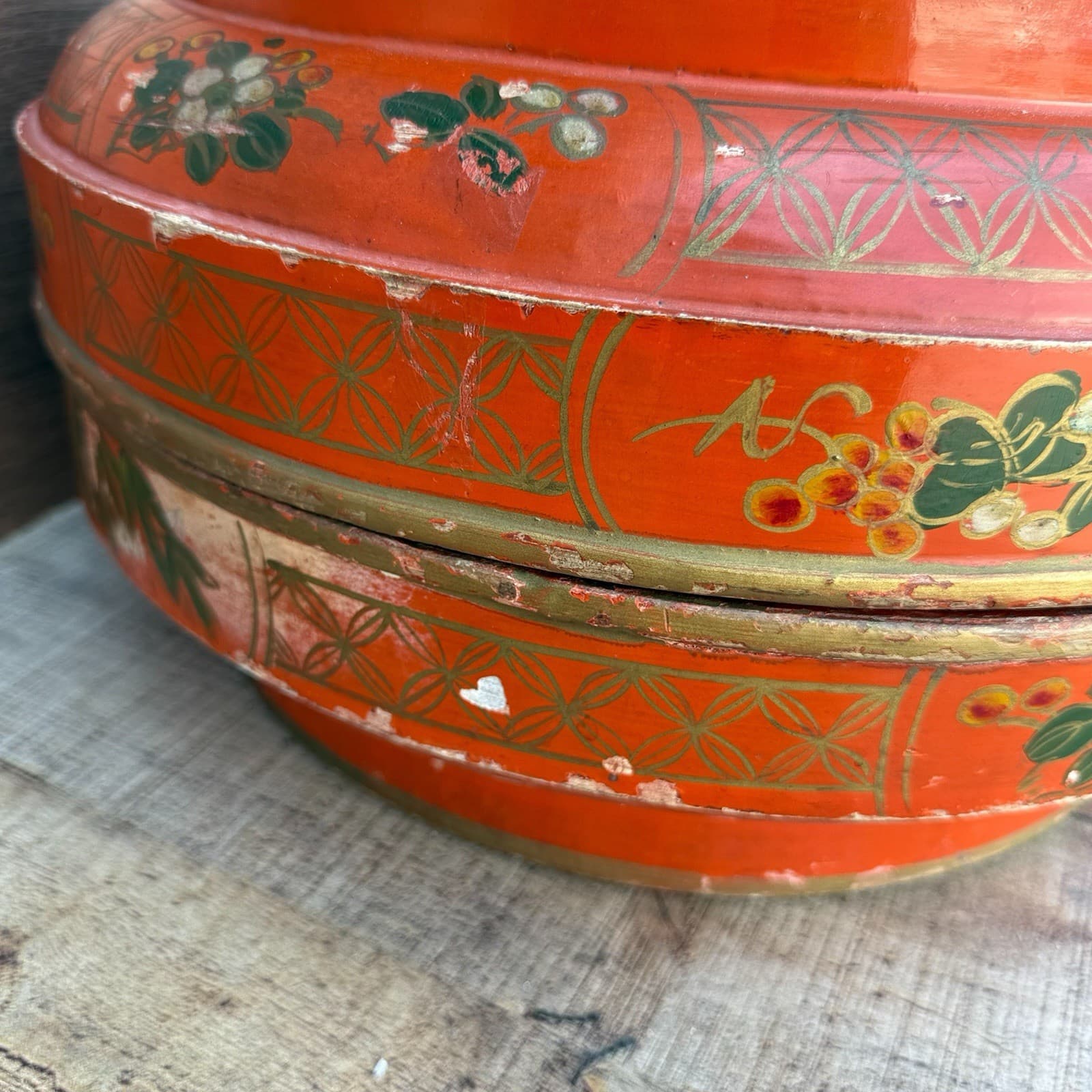 Antique Chinese Red Lacquer Large Round Wedding Box Floral Bird Signed 15.5” D 6