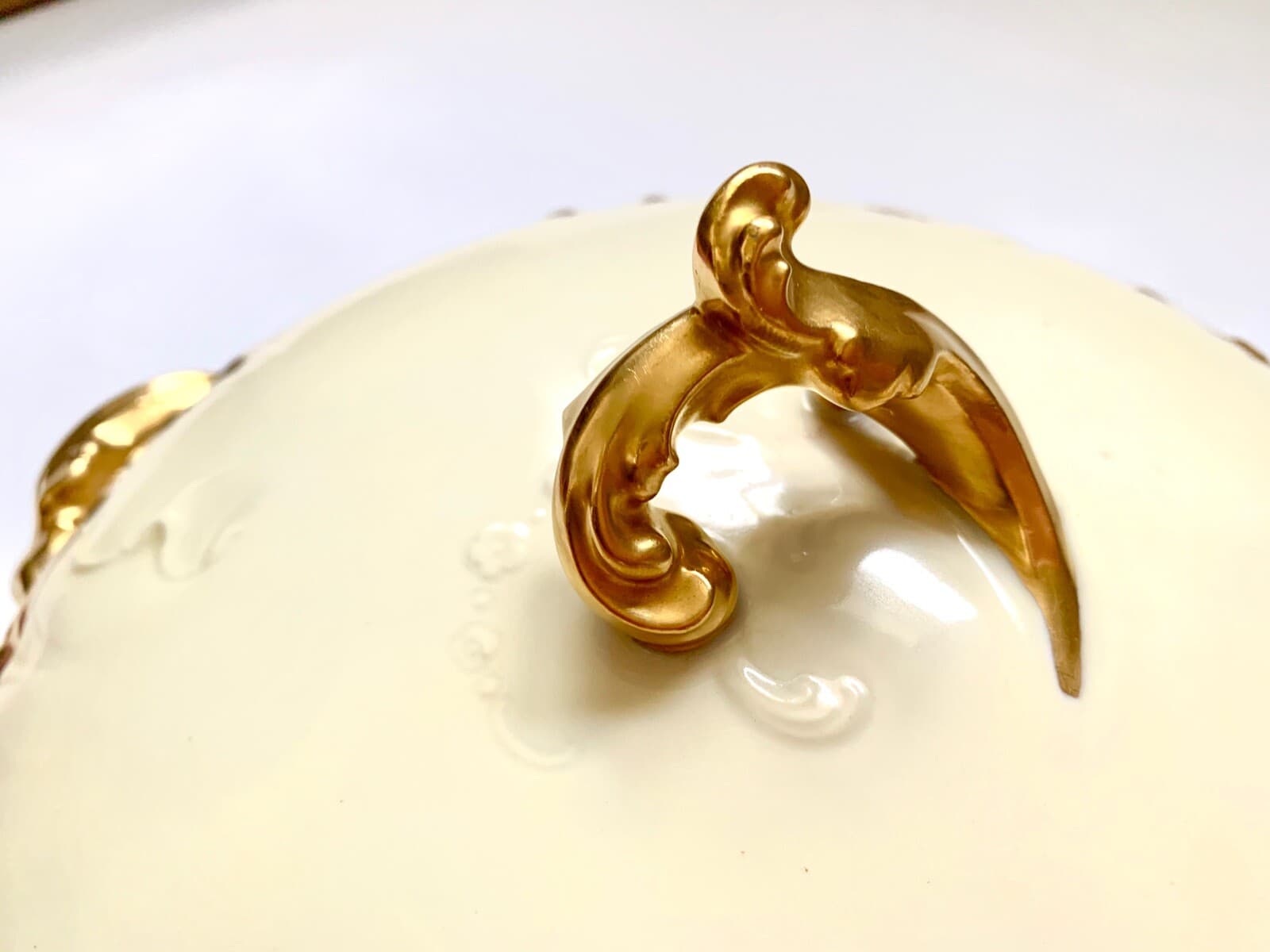 ANTIQUE RARE CHINA CFH GDM FRANCE FRENCH CASSEROLE POT AND PLATTER WITH GOLD RIM 4