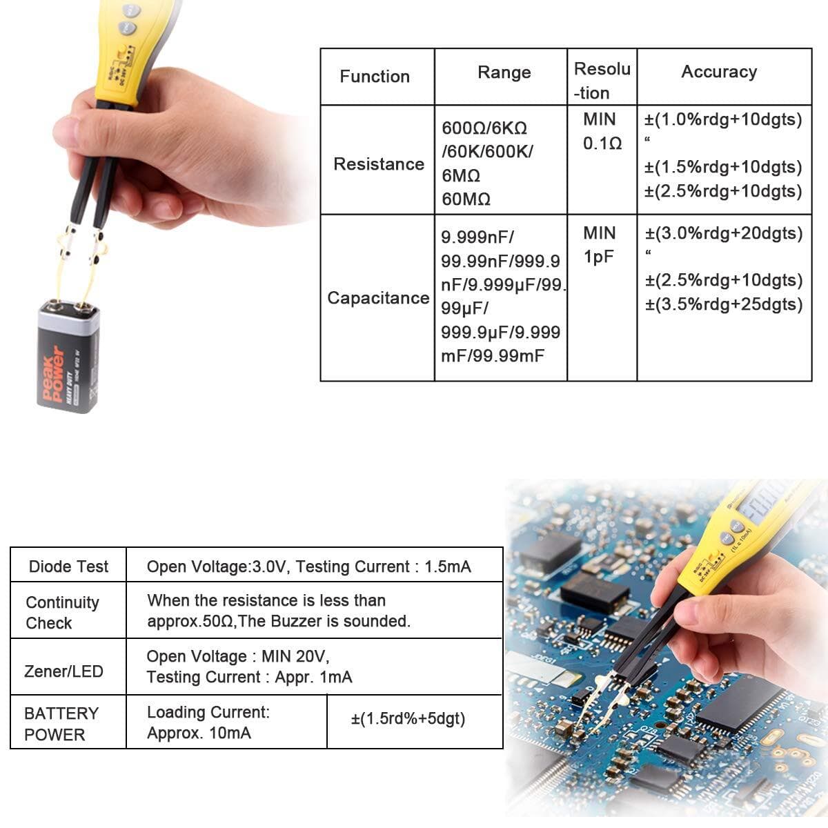 SMD Tester Meter Zener Diode LED Battery Power Test Continuity Check Tweezer DIP 4