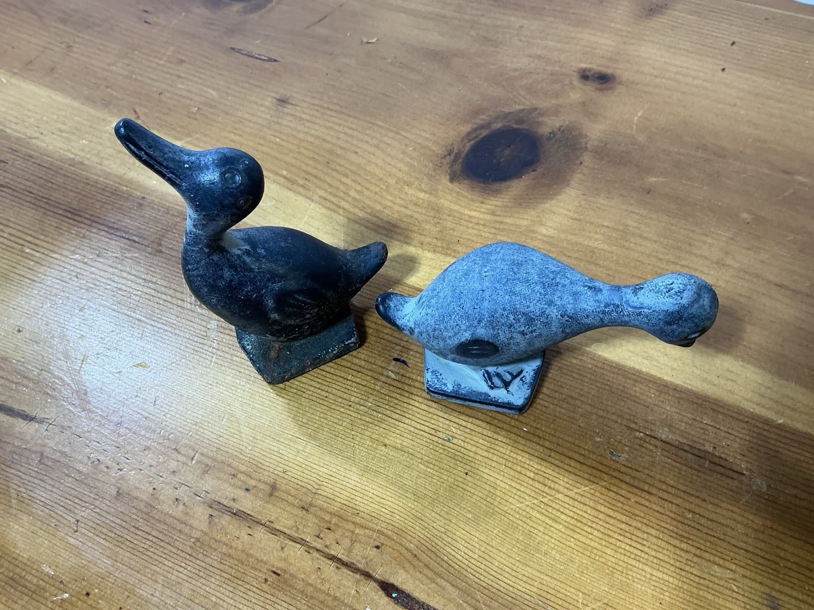 2 Antique Cast Iron Ducks Figurines Naughty/Nice Pair Small 4" Tall 3.5 Lbs VTG 2