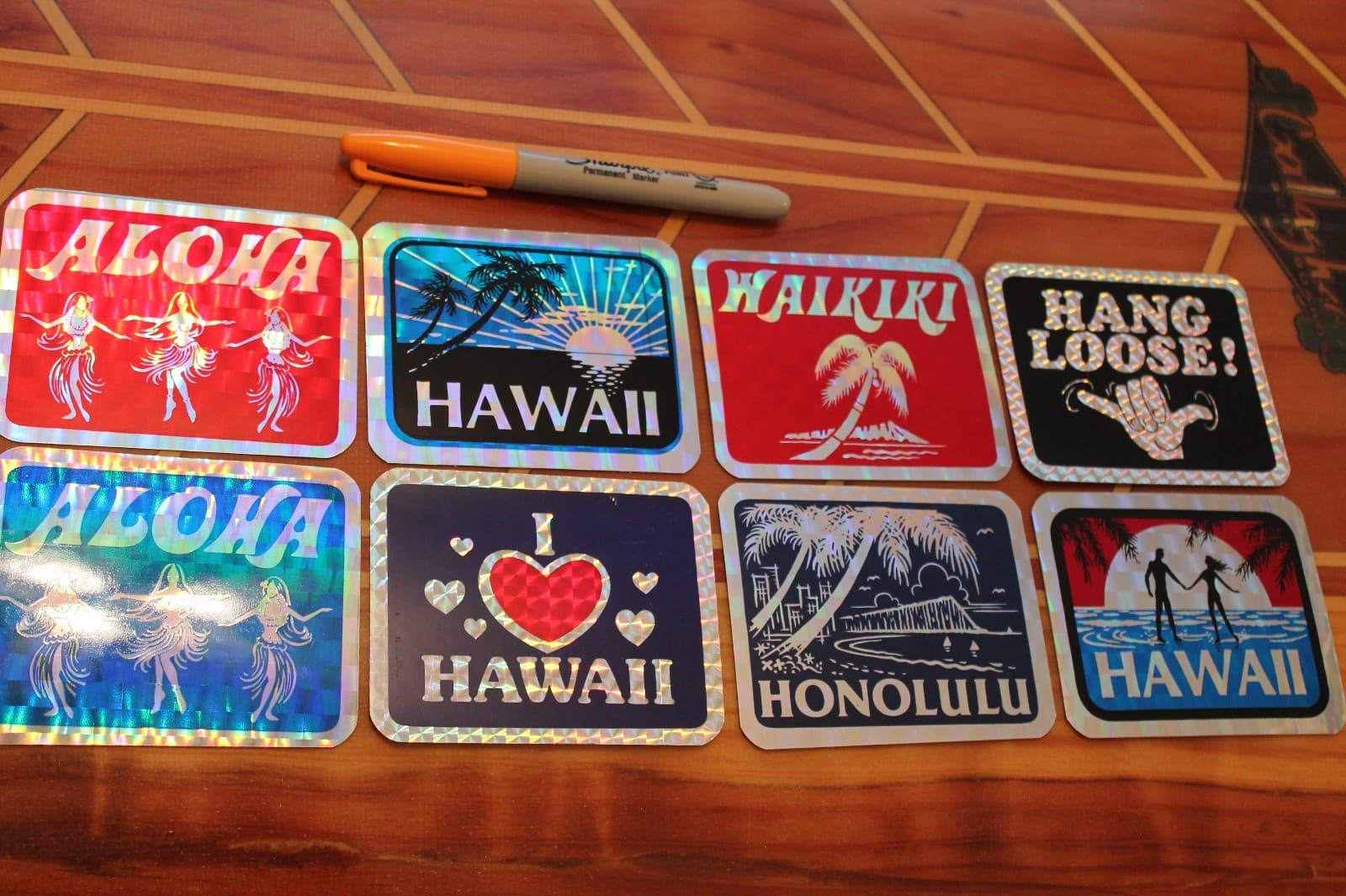 HAWAII HANG LOOSE ALOHA - NOS 80's Surfing Tiki 3x4in. Prism - STICKER LOT OF 8
