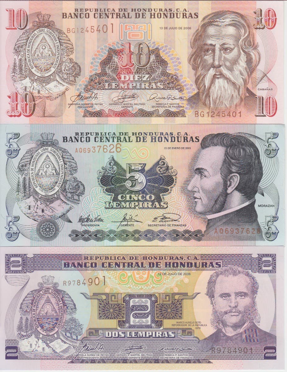 Honduras Banknote P.80Ac/85c/86d 2-5-10 Lempiras 2003/06  Lot of 3 different UNC