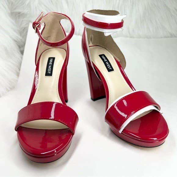 Nine West Women's Elope High Block Heel Sandals Red Patent Size 6.5M 2
