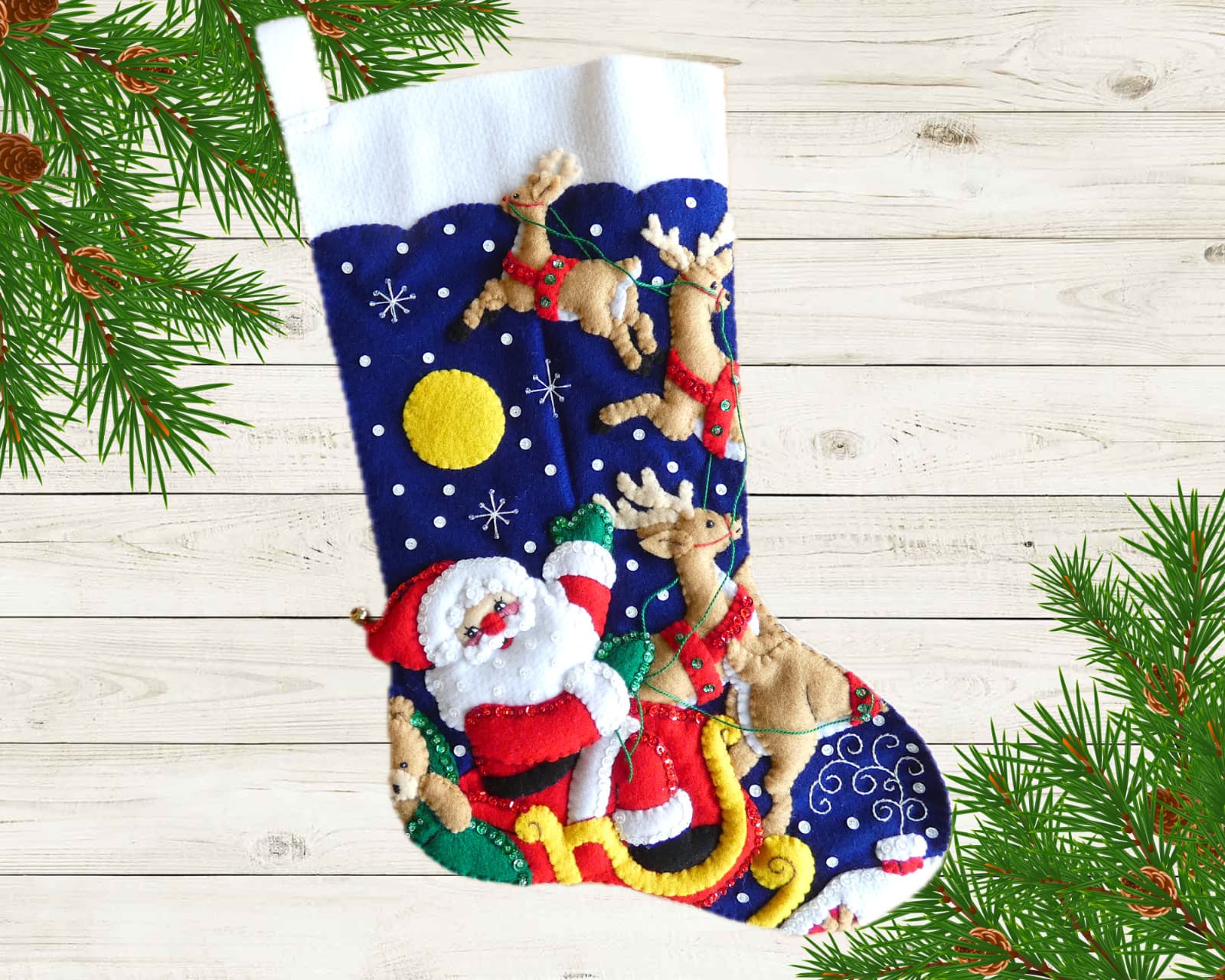 NEW Finished Bucilla Christmas Stocking And To All a Goodnight Santa Reindeer 2