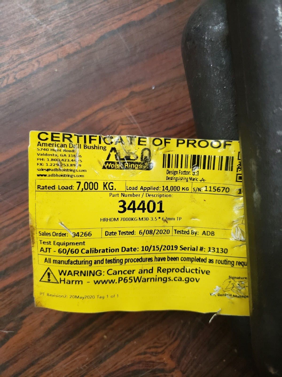 American Drill Bushing 34401 Hoist Ring 7000KG Load Capacity M30x3.5 Thread Size 2