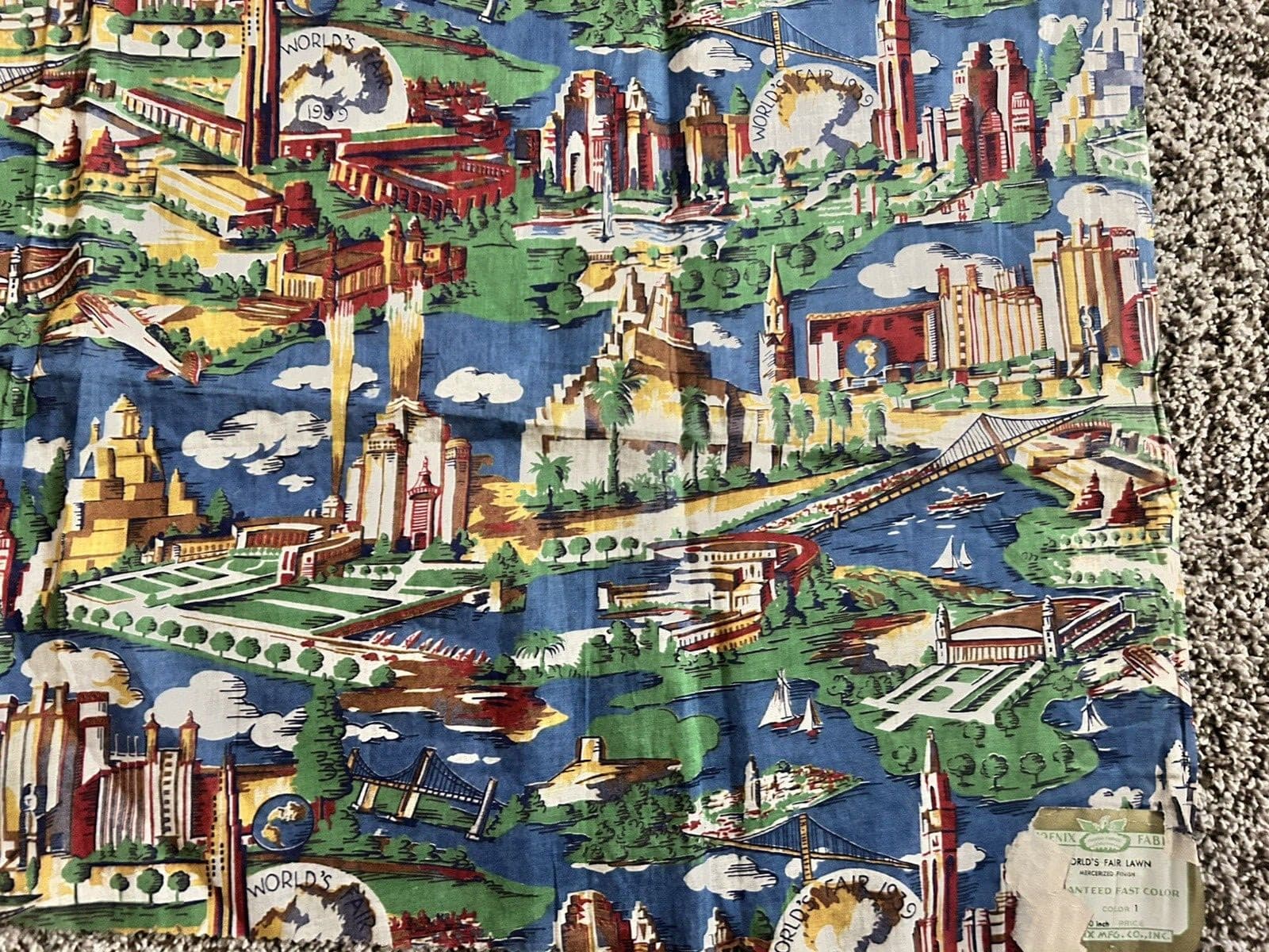 Rare 1939 Worlds Fair Cotton Fabric Yardage Aria view Of  Fairgrounds 39"Wx 35"L 3