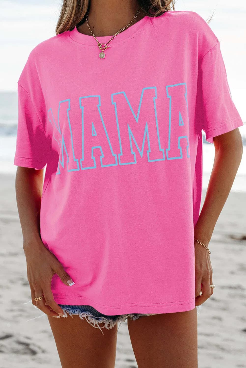 Bright Pink MAMA Letter Graphic Neon T Shirt 6