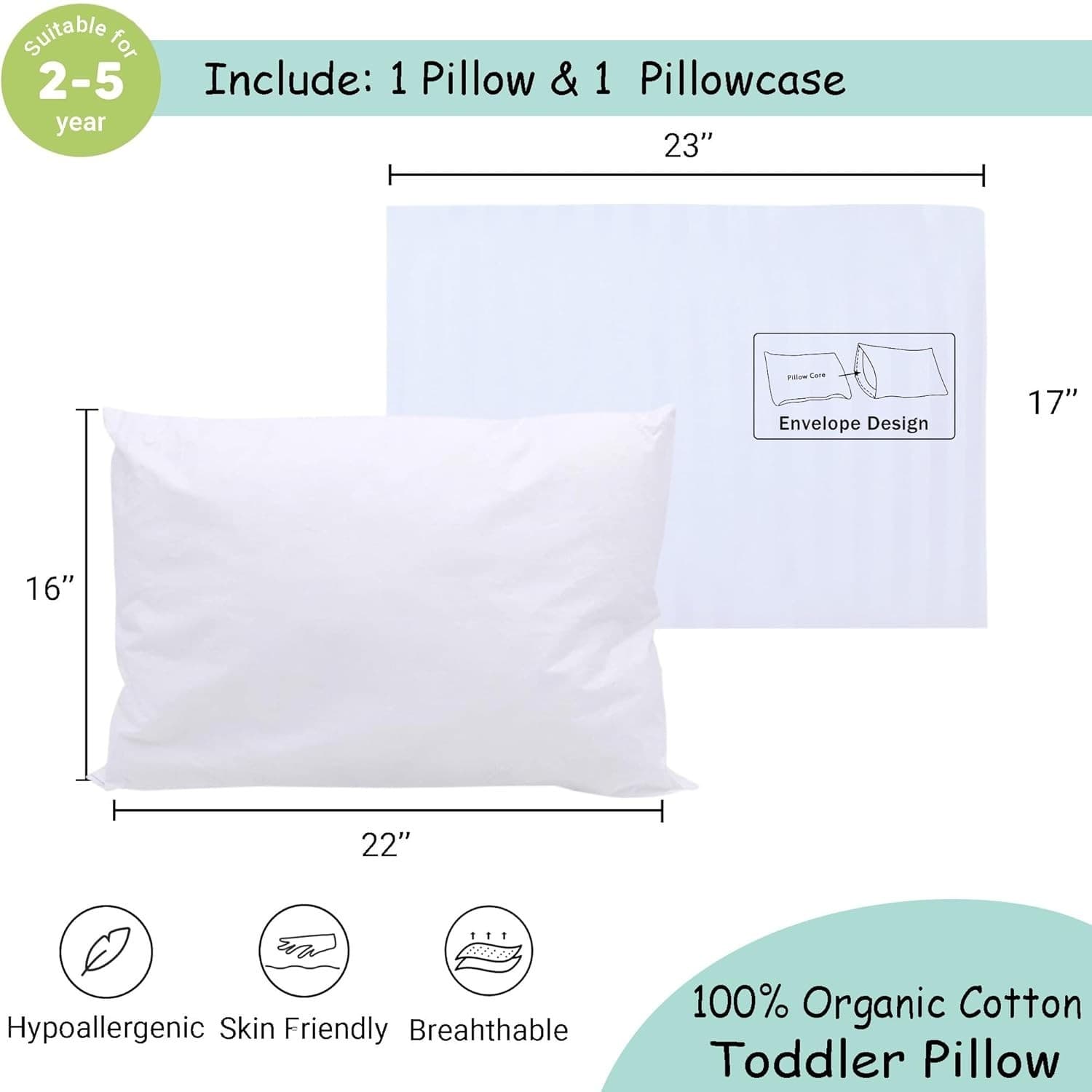 Toddler Pillow with Pillowcase - 13x18 Organic Cotton Hypoallergenic Kids Pillow 5