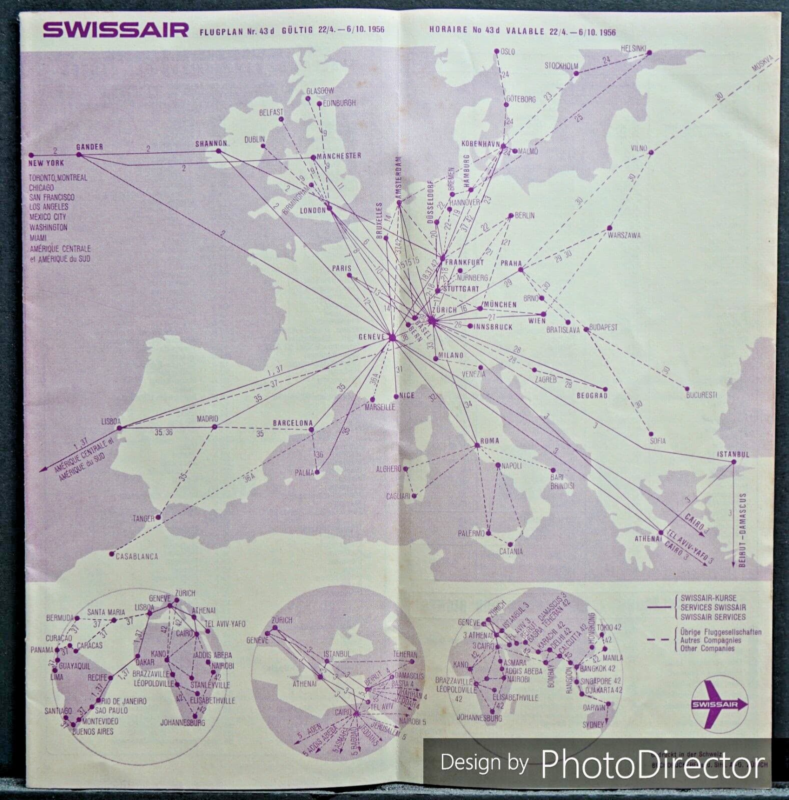Rare 1956 German Language SwissAir Flight Schedule & Route Map 3