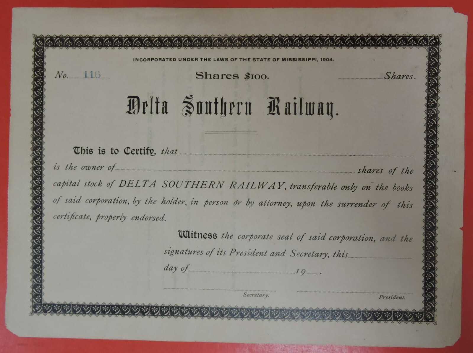 1900s DELTA SOUTHERN RAILWAY UNISSUED STOCK CERTIFICATE-STATE OF MISSISSIPPI