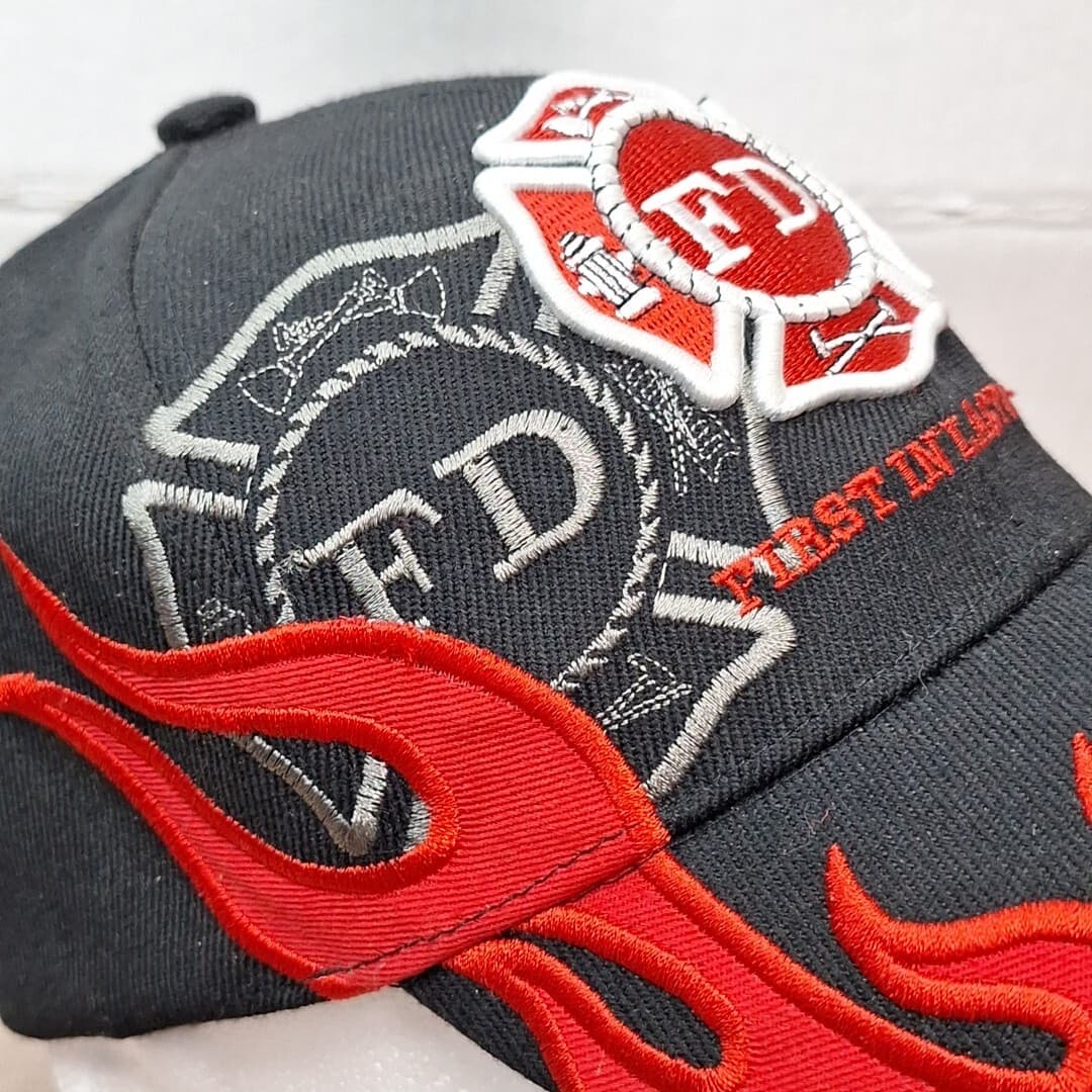 Vintage Fire Department Embroidered Black "First In Last Out" Flames Cap Hat 5