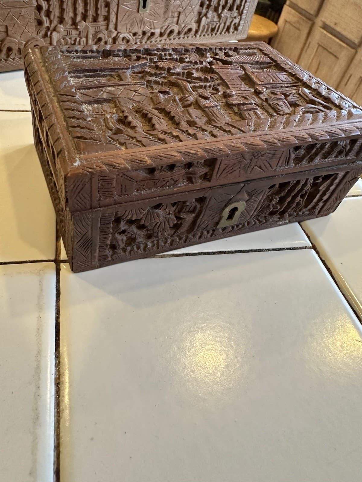 Pair Chinese Carved Wood Boxes “Noble Men in Courtyard” & “Scholars in Garden” 5