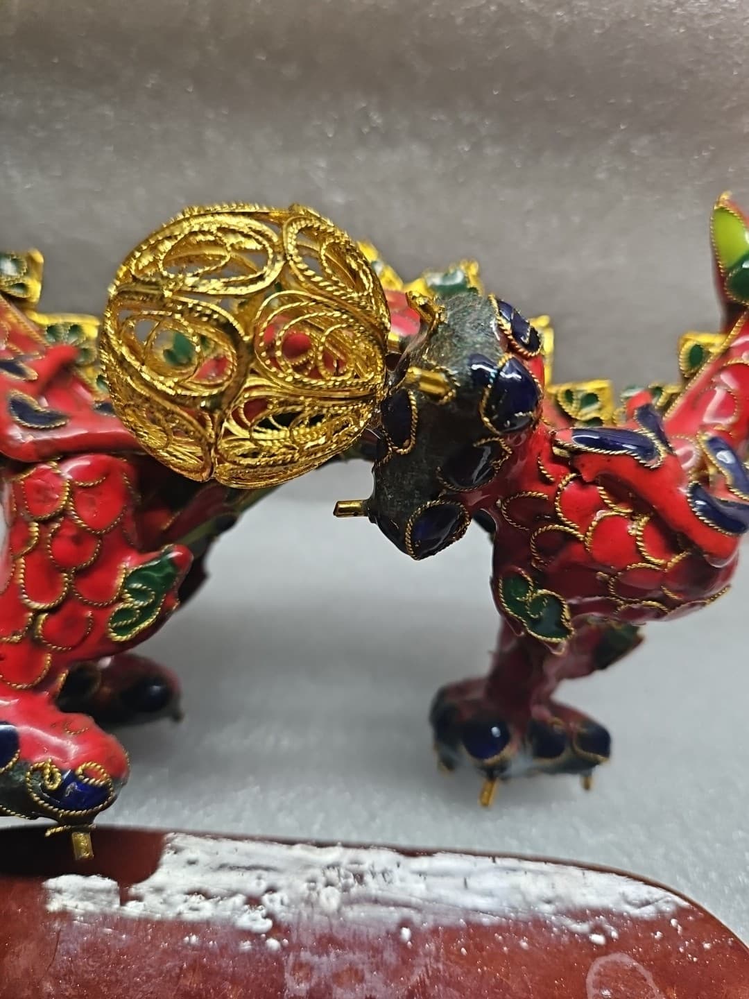 Cloisonne Chinese Dragon holding Gold Filigree Ball. Red,Gold,Green With Stand. 5