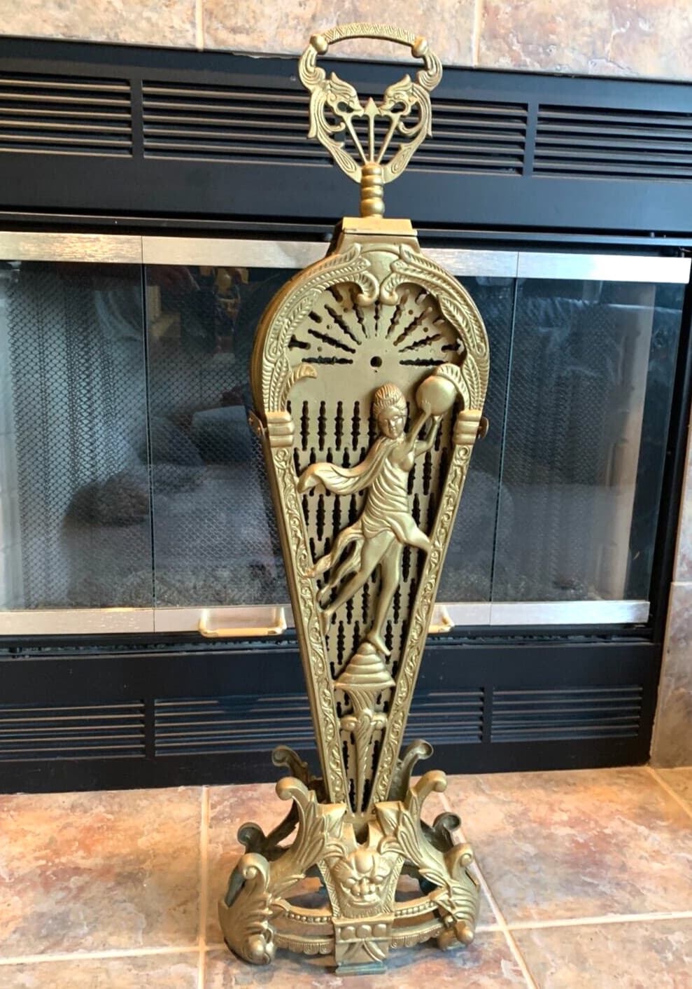 VINTAGE BRASS ART DECO LADY FIREPLACE SCREEN PEACOCK HEARTH FAN PATINA 48" WIDE 2