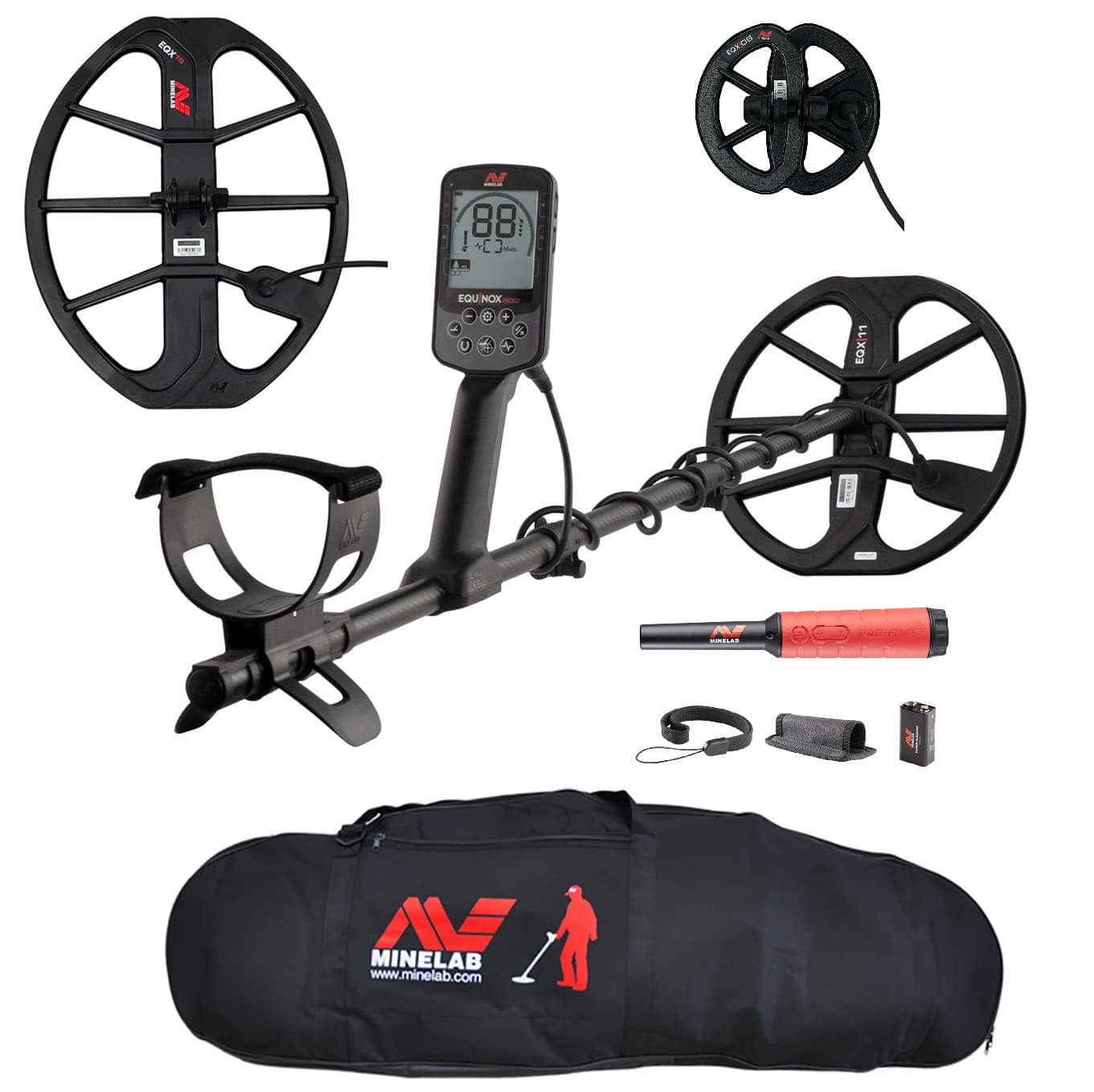 Minelab Equinox 900 Metal Detector with 11" 6" & 15" Coils + PRO-FIND 40  + Bag